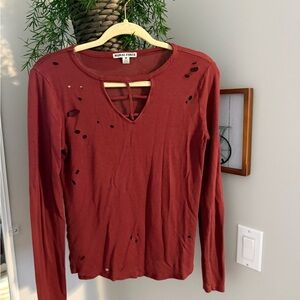 Moral Fiber Distressed Long-Sleeve Top — Rust